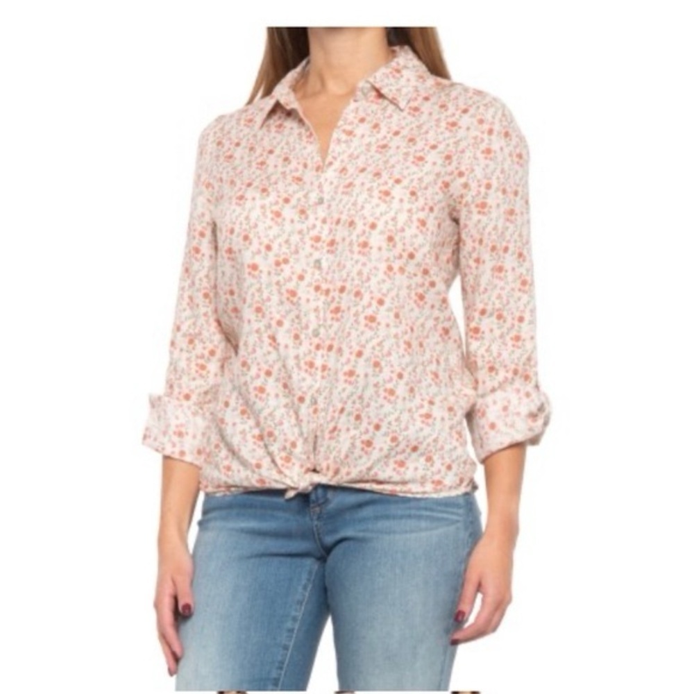 Linen Floral Button-Up Shirt - Pink/White